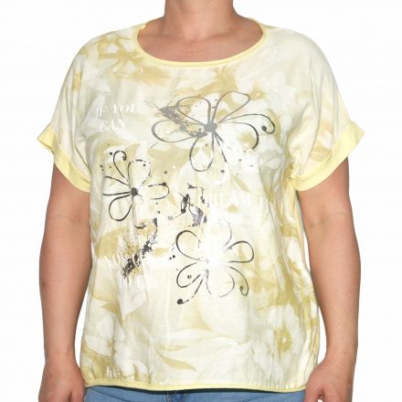 Póló •MONDAY••Italy• 1076 Környakú sárga virágmintás rugalmas pamut póló